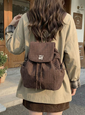新款双肩包女韩版休闲包格子帆布包大学生旅行背包大容量手提单肩
