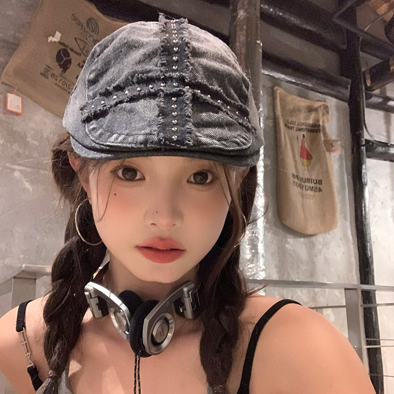 复古黑色牛仔铆钉前进帽女水洗做旧显脸小贝雷帽美式大头围帽子潮