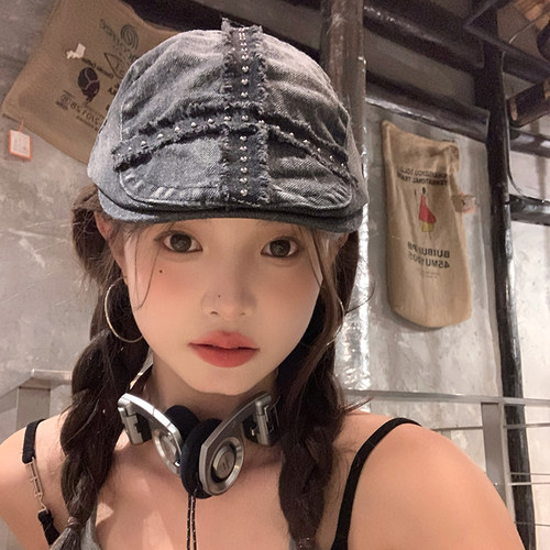复古黑色牛仔铆钉前进帽女水洗做旧显脸小贝雷帽美式大头围帽子潮