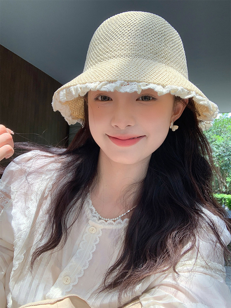 韩国蕾丝花边棉麻渔夫帽子女春秋韩版潮百搭日系圆顶休闲盆帽网红