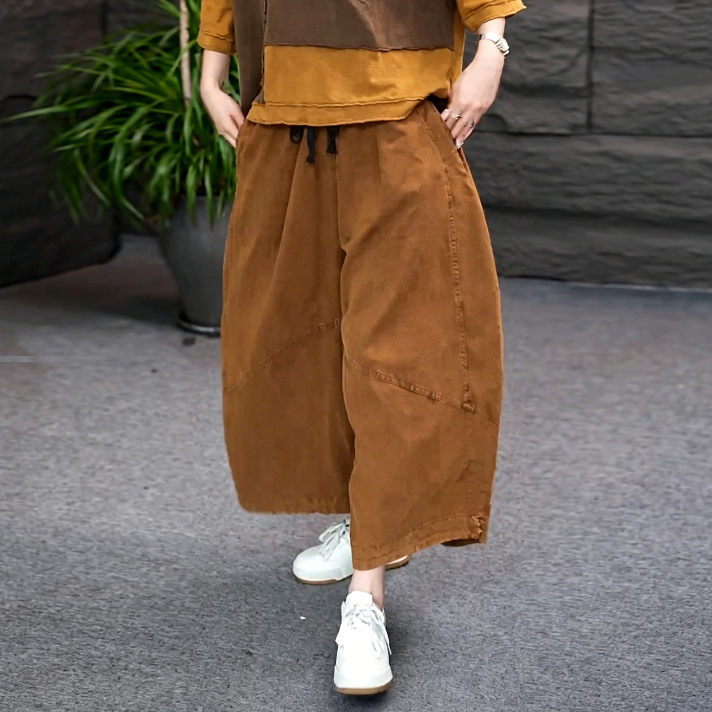 小个子夏新款高腰宽松显瘦轻薄姜黄色复古阔腿裤女休闲九分棉麻裤