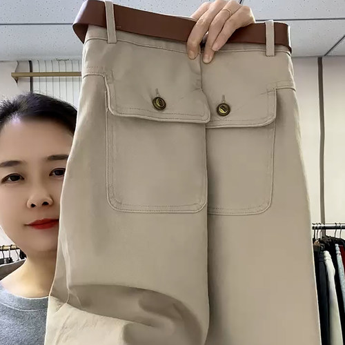 薄款高腰显瘦宽松卡其工装裤女