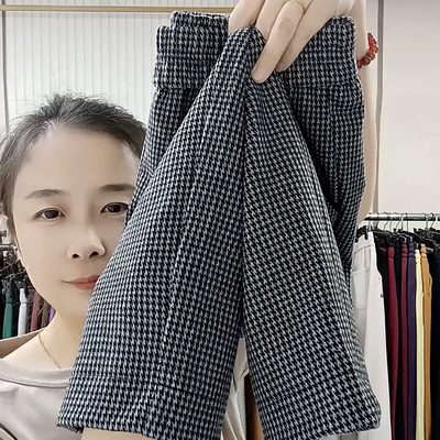 高腰撞色简约九分格子哈伦裤