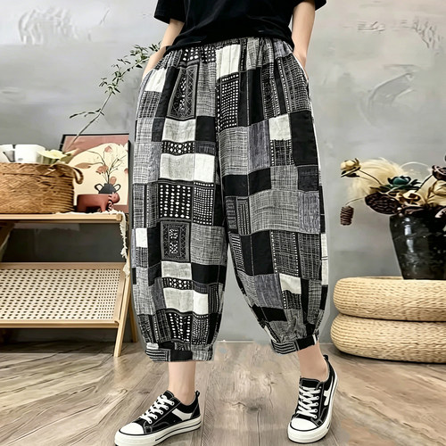 高腰薄款宽松版灯笼八分休闲裤