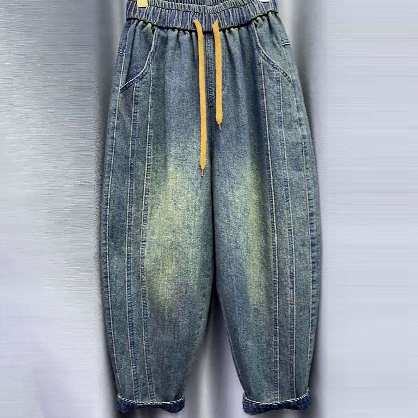 韩版蓝色渐变高腰抽绳宽松哈伦牛仔裤女2026春显瘦遮胯九分老爹裤,女装/女士精品,大码裤装,淘宝优惠券,粉丝福利购,淘宝优惠卷