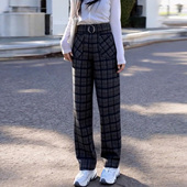 欧货高腰休闲格子裤 蓝格显瘦透气舒适亲肤直筒裤 女2026春季 新款