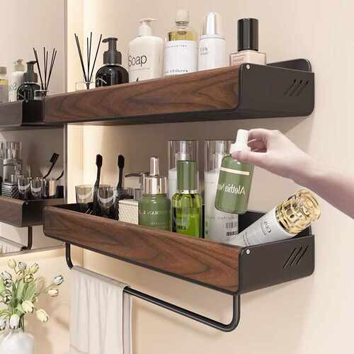 Walnut Wood No‑Drill Wall Mounted Bathroom Shelf Tray Rack