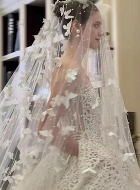 New Bridal White 3DButterfly Pearl Single Layer Wedding Veil
