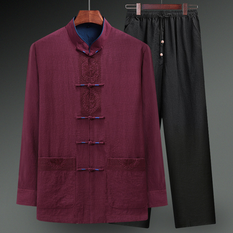 老人唐装男春夏薄款刺绣长袖衬衫中老年爸爸棉麻套装中国风爷爷装