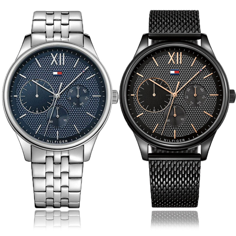 现货tommy hilfiger汤米手表不锈钢三眼多功能星期日历石英表男表