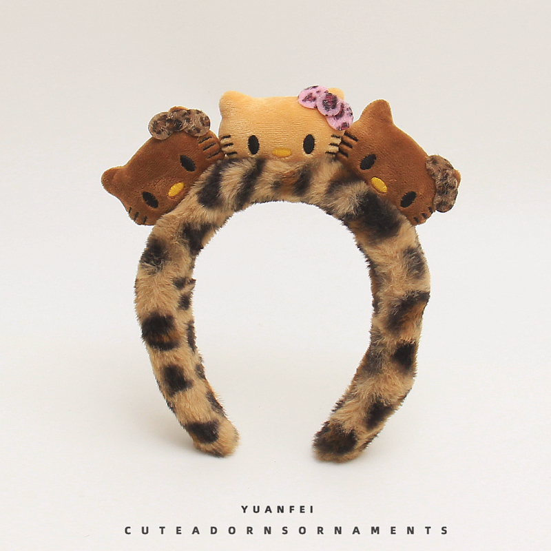 可爱KT猫豹纹发箍创意萌趣猫咪头箍卡通头饰加厚宽边洗脸化妆发卡