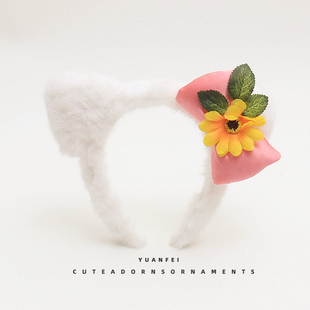 可爱猫耳朵发箍毛绒蝴蝶结花朵头饰少女洗脸拍照装扮发卡超萌头箍