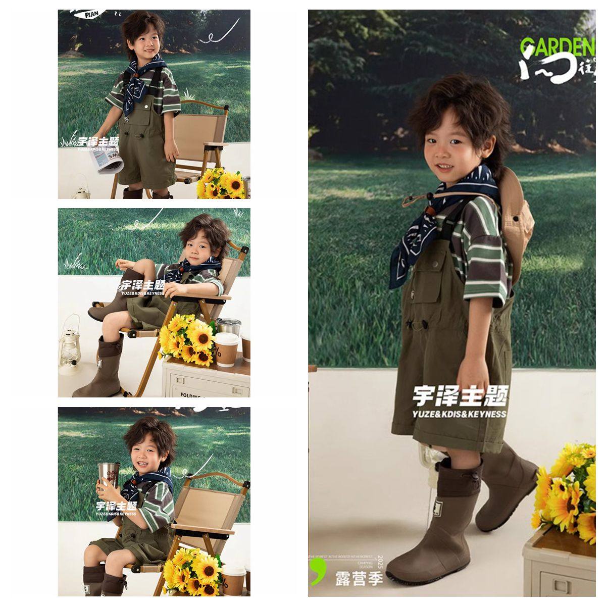 儿童摄影服装2025新款影楼拍照主题男孩森系绿色背带裤春天露营道