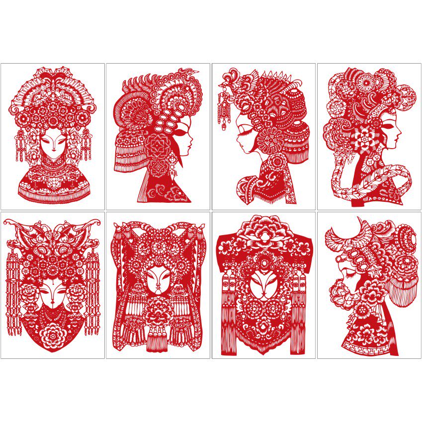京剧人物8张纯手工剪纸图样刻纸图案练习电子稿素材黑白底稿模版