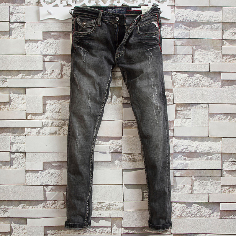 2020 European style Youth new pattern Black and gray Elastic force Jeans hole Retro Self cultivation Feet personality Trendin the Men's clothing, Jeans  category - from Buy2taobao.com to provide professional Taobao agent buy service