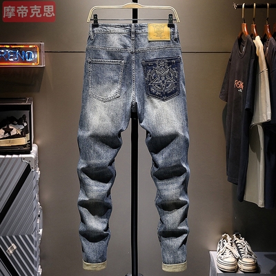 美式高端休闲潮牌牛仔裤男春夏个性补丁破洞微宽松小脚裤设计师款