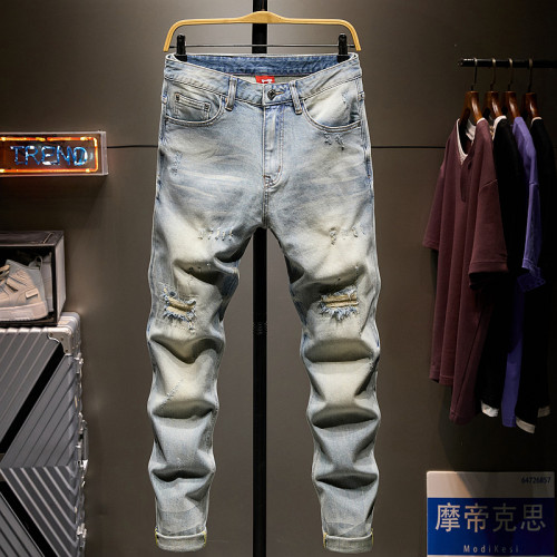 高街破洞贴布牛仔裤男士港风浅蓝色弹力修身做旧复古水洗小脚裤