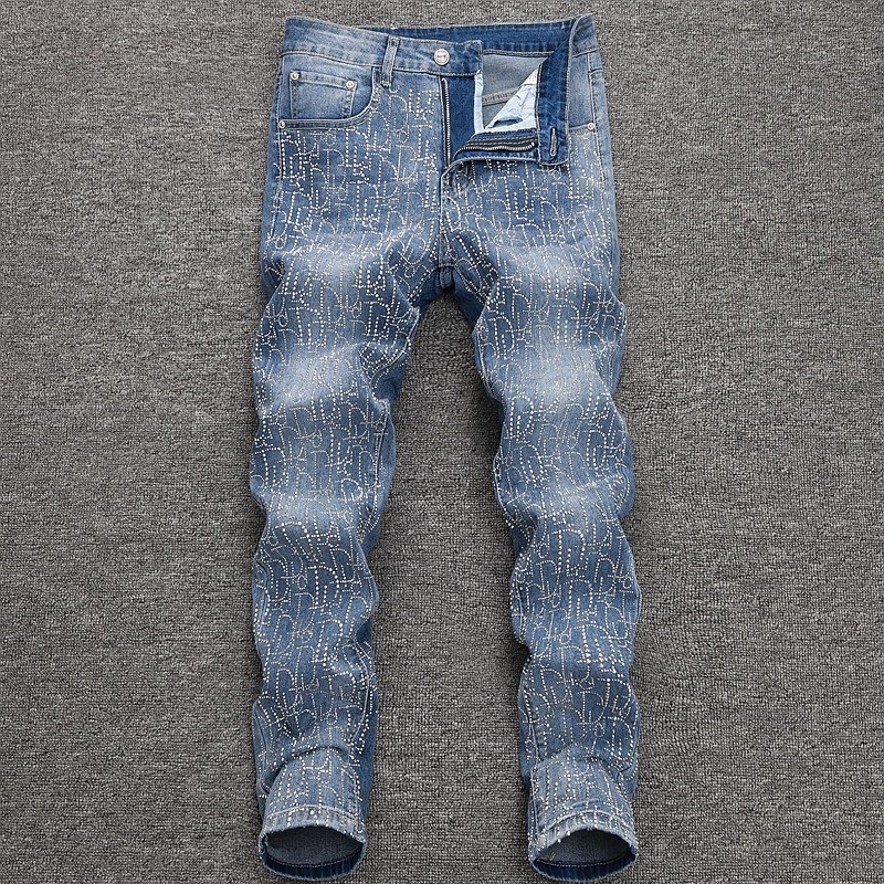高品质时尚欧货字母烫钻牛仔裤男士小脚修身弹力裤子浅蓝色乞丐,男装,牛仔裤,淘宝优惠券,粉丝福利购,淘宝优惠卷
