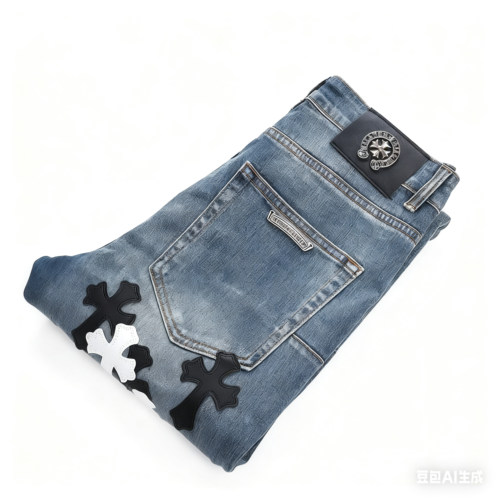 美式高街克罗十字架贴皮梵文刺绣小众牛仔裤男士潮流百搭微喇潮牌