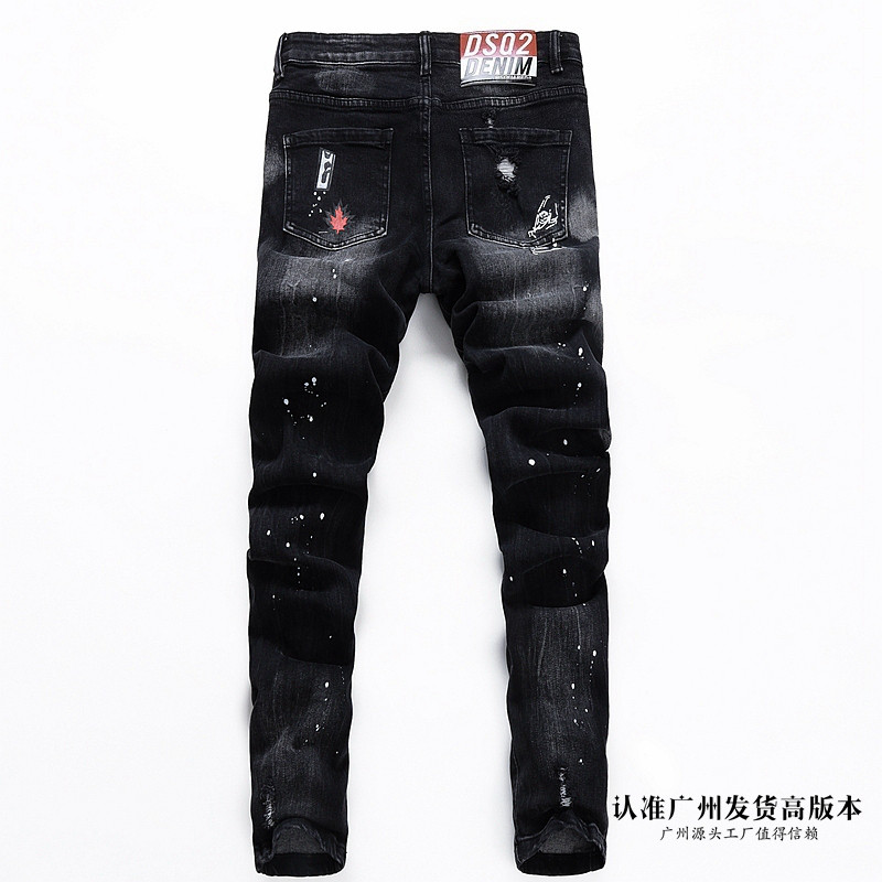 轻奢D2高版本欧美潮牌牛仔裤男黑色泼墨破洞补丁修身小脚时尚帅气