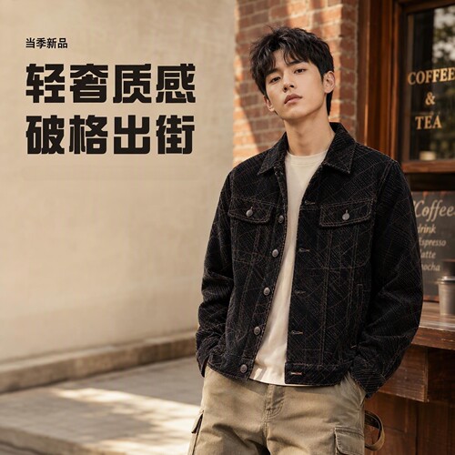 高级感纹肌理炭咖色提花牛仔外套男 春秋轻奢百搭翻领老钱风夹克