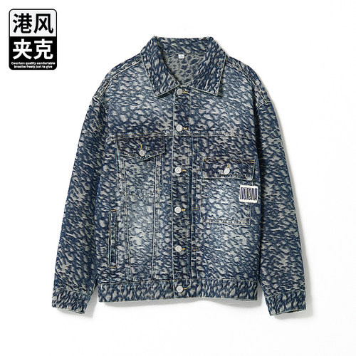 高端提花豹纹男士牛仔外套