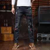 泼墨补丁时尚 香港高端秋冬新款 黑色潮流 牛仔裤 长裤 修身 小直筒男士