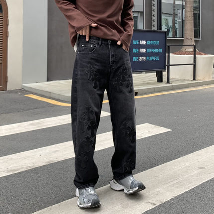 高街黑色十字架拼皮牛仔裤男宽松休闲直筒潮牌痞帅休闲阔腿长裤子