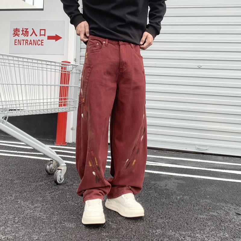 新款弯刀红色宽松牛仔裤
