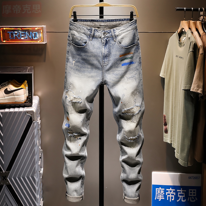 潮牌破洞九分牛仔裤男油漆9分裤