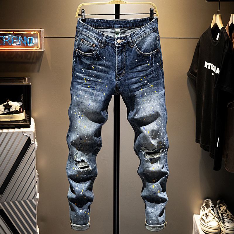 泼墨喷漆个性牛仔裤男潮流修身