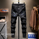 秋冬潮牌高街痞帅泼墨喷漆乞丐小脚裤 高端潮牌黑色破洞牛仔裤 男士