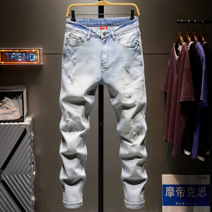 春夏浅色破烂牛仔裤男士修身韩版青年弹力小直脚乞丐裤子潮牌2026