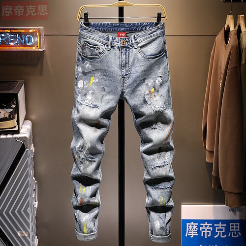 美式轻奢泼墨破洞修身小脚牛仔裤
