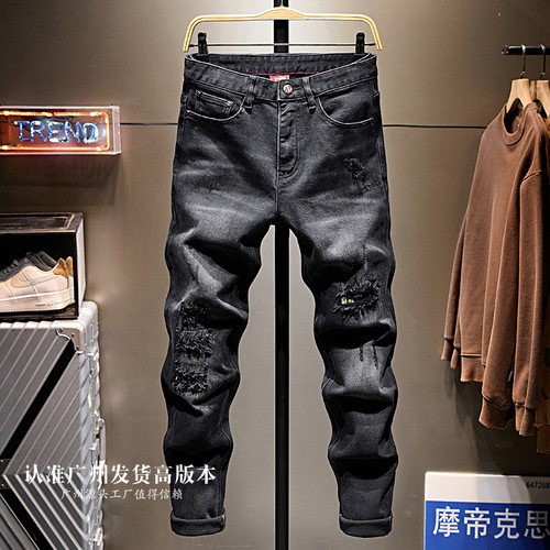 美式潮牌高端黑色破洞牛仔裤男ins乞丐贴布2026新款弹力修身小脚