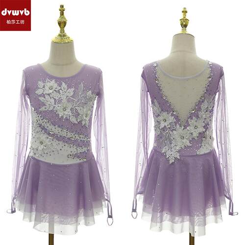 花样滑冰服表演服定制白花多钻