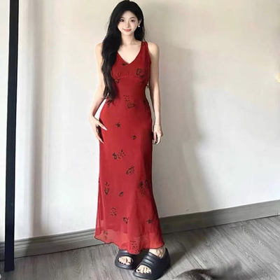 法式红色背心连衣裙女夏季度假