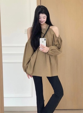 春夏季女装露肩挂脖长袖韩系港味chic别致衬衫设计感小众衬衣上衣