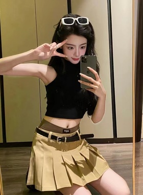 甜辣风小个子套装夏季盐系穿搭御姐美式炸街辣妹上衣百褶裙两件套