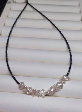 黑晶石花瓣微笑颈链天然淡水珍珠项链异形巴洛克项链纯银抽拉尾链