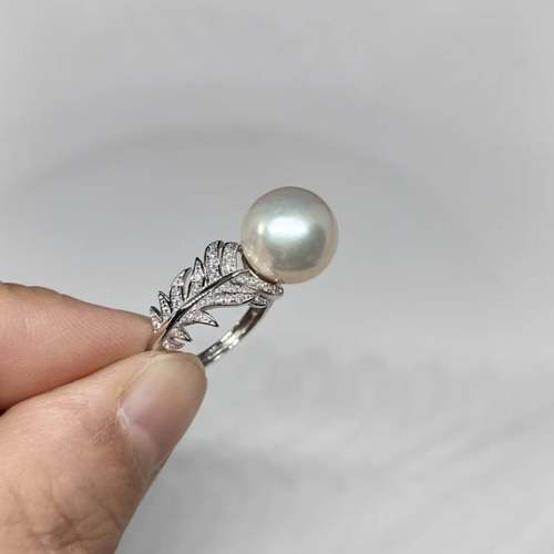 11.9mm天然淡水珍珠正圆极光近无瑕羽毛纯银戒指开口可调节节日礼