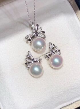 天然淡水珍珠蝴蝶吊坠11+耳钉9mm+套装通体纯银极微瑕