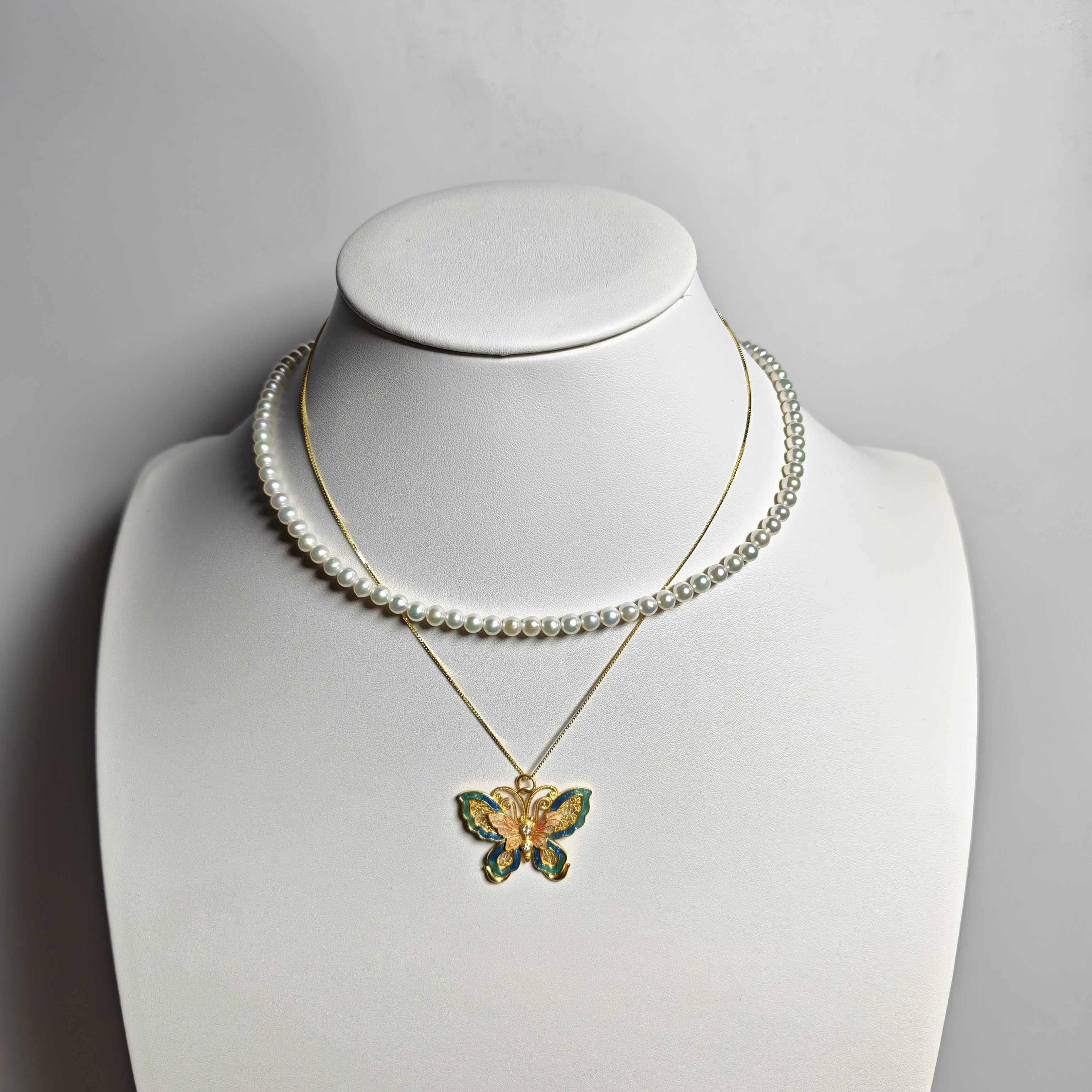 纯银古法金蝴蝶项链天然淡水top级炫彩正圆极光近无瑕项链18K金扣