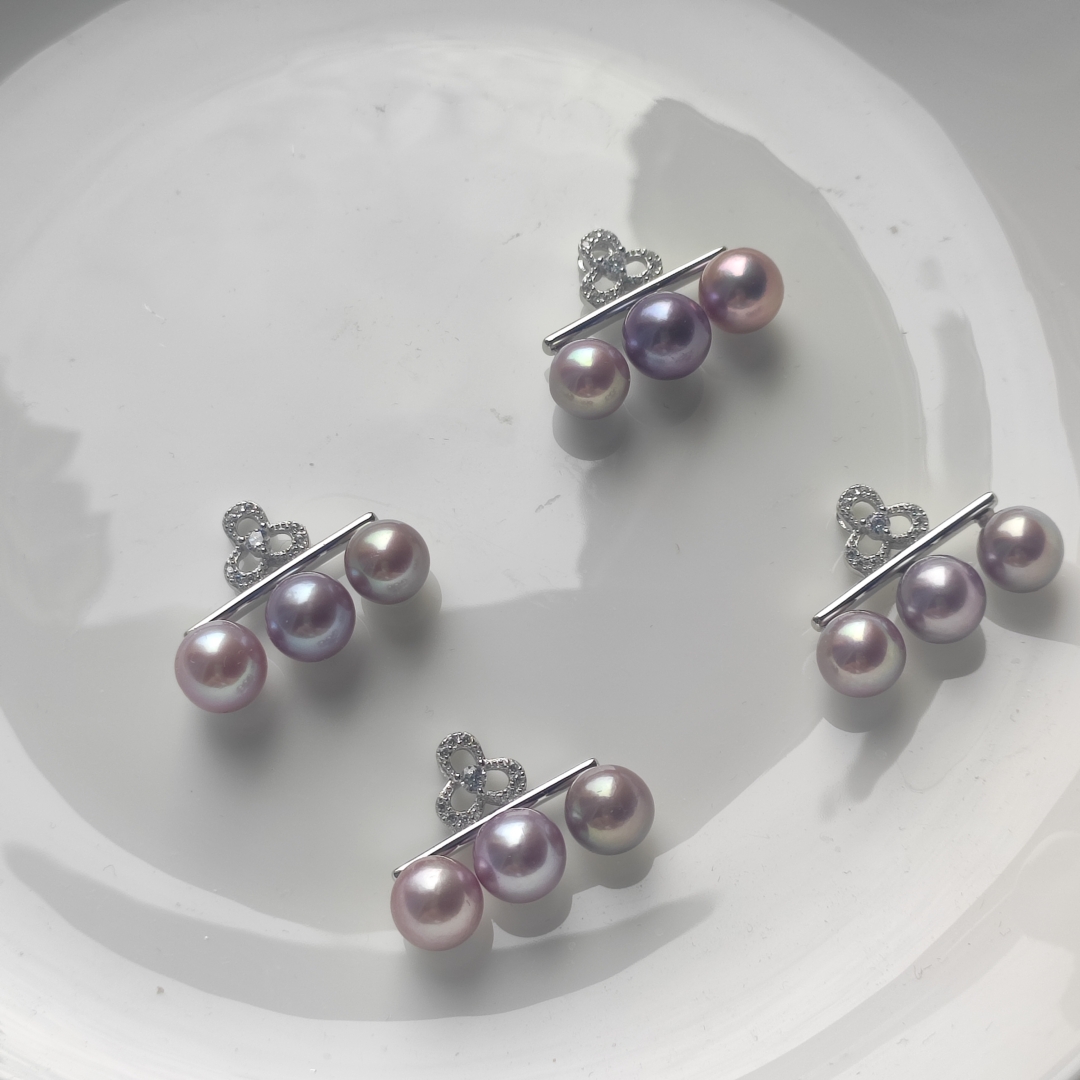 天然淡水珍珠紫色系正圆强光三珠平衡木s925纯银吊坠纯银项链4款