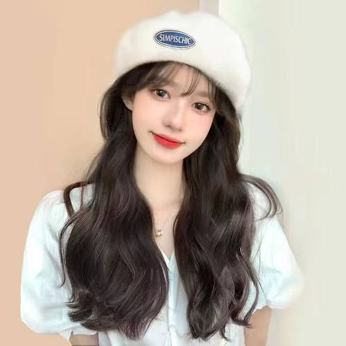 帽子假发兔毛贝雷帽长卷发可拆卸秋冬款自然时尚假发帽子一体