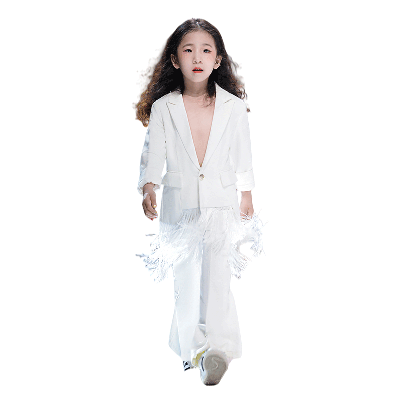 女童西装套装2025新款儿童西服走秀钢琴演出服潮服主持人礼服白色