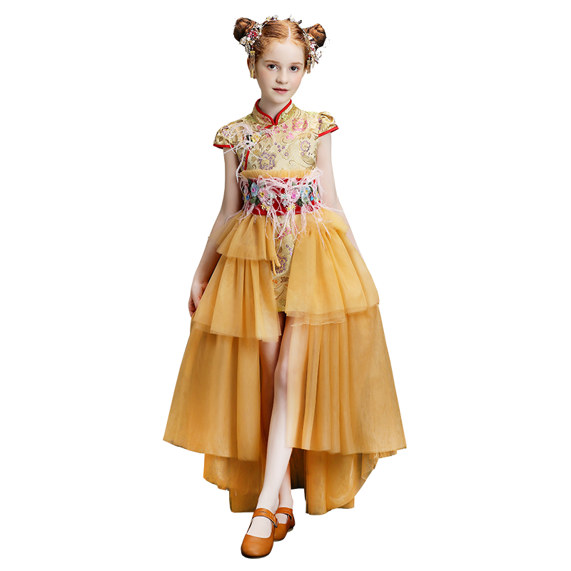 儿童礼服女童旗袍古筝演出服国潮模特走秀高端钢琴主持表演晚礼服