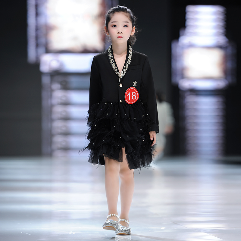儿童走秀礼服2021新款女童主持演出服小女孩时尚模特服装t台潮服