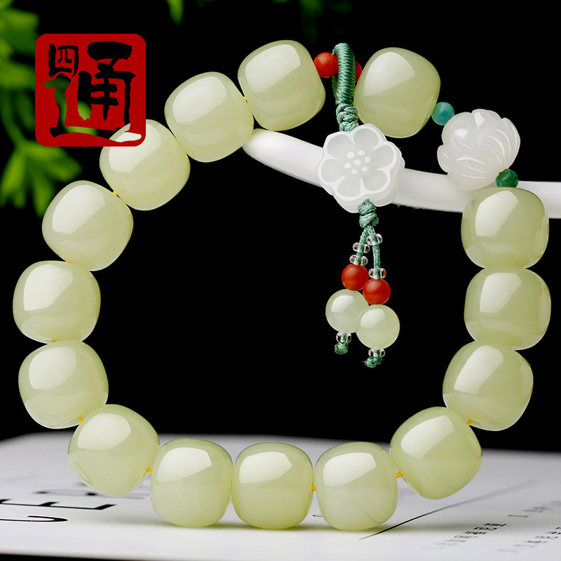 四通新疆和田玉黄口料手串鸡油黄老型珠子天然黄玉手链算盘珠莲花