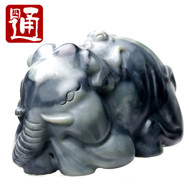 四通新疆和田玉手把件玉石大象小摆件天然墨玉把玩件招财吸水象